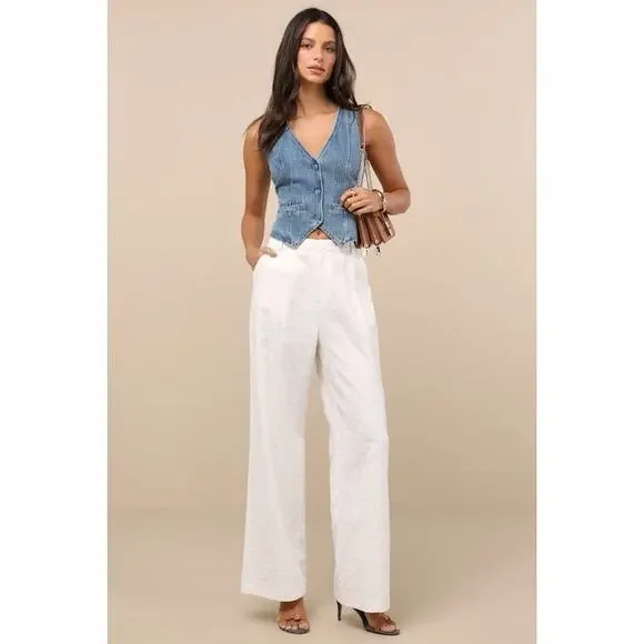 Lulus Andrey Cream Floral Embroidered Straight-leg Trouser Pants White - Size S - Picture 1 of 1